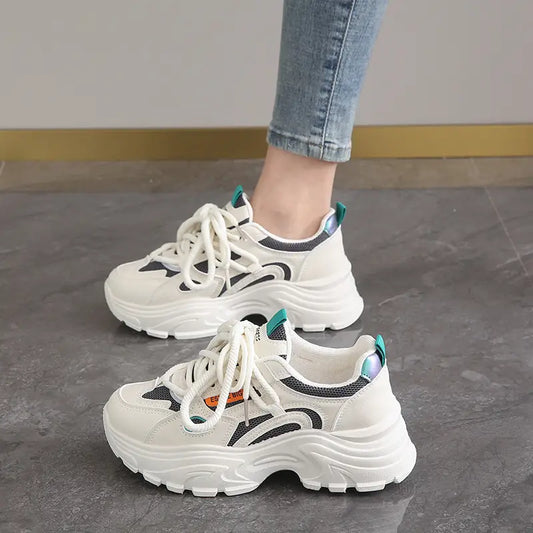 Women's lightweight breathable mesh sports shoes, thick-soled shoes - beige casual walking shoes, EVA cushioning insoles and rubber sole
